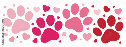 Paw Prints and Hearts Pattern - Pink and Red Tones