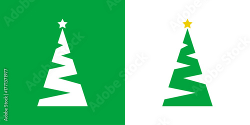 Logo con árbol de navidad con forma de triángulo con forma de zigzag y estrella para tarjetas y felicitaciones de Navidad