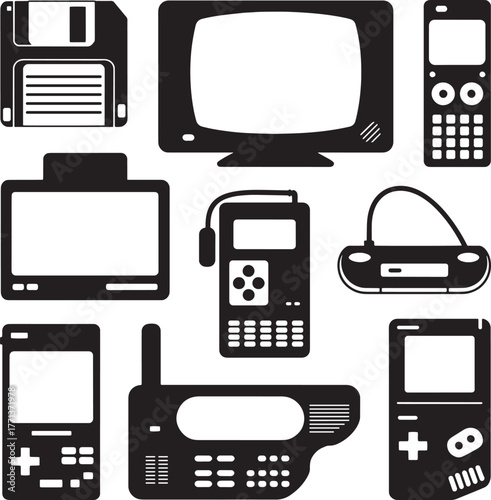 Vintage electronics collection including floppy disk monitor game console and mobile phones technology