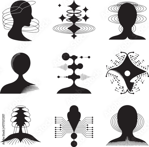 Abstract human head profiles with geometric and circuit board elements silhouette