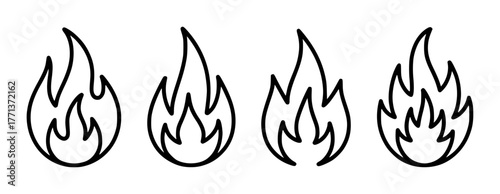 Set of four stylized black and white flame icons on a white background