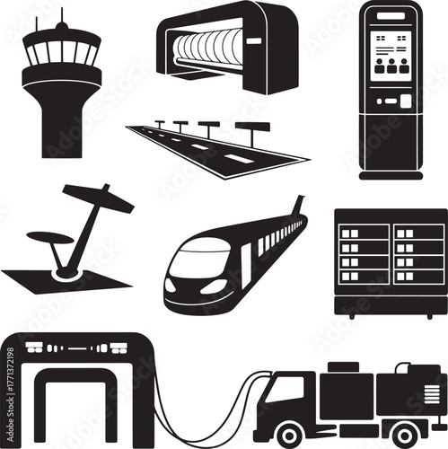 Airport control tower runway train ticket kiosk baggage scanner fuel truck and luggage carousel vector