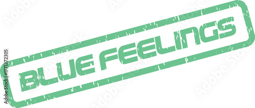 Distressed Blue Feelings rubber stamp mark in green ink for official branding documentation