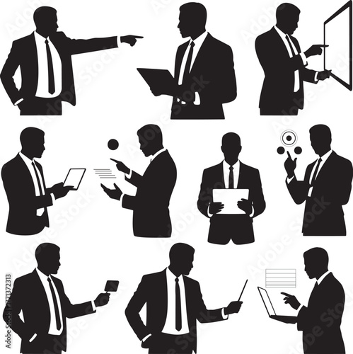 Businessmen interacting with technology and pointing businessman suit