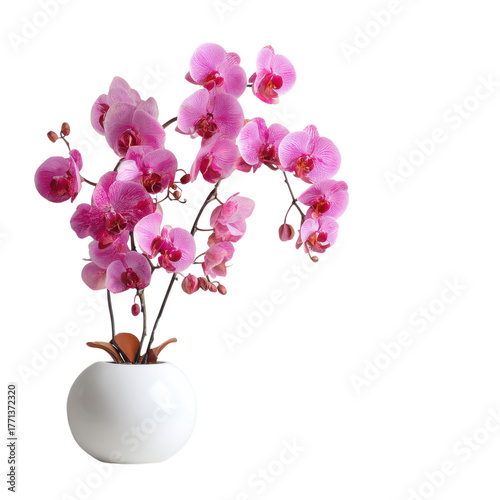Bright pink orchids in a white vase create a lovely decoration for any room