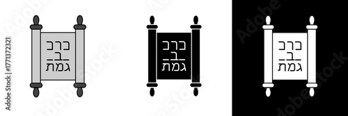A Torah scroll icon featuring Hebrew letters, representing wisdom, learning, and Jewish tradition. Displayed in grayscale, black, and white variations for design flexibility