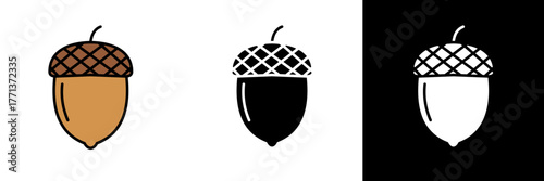 A simple acorn icon representing growth, potential, and nature. Shown in three styles: full color, black, and white, ideal for seasonal or nature-themed designs.