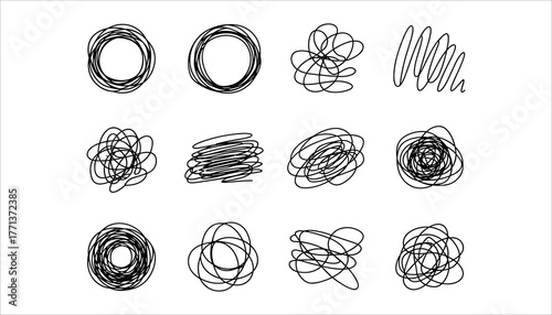 Twelve black hand drawn scribbled abstract shapes and circles on white background doodle sketch