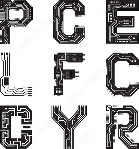 Circuit board letters forming words technology electronic