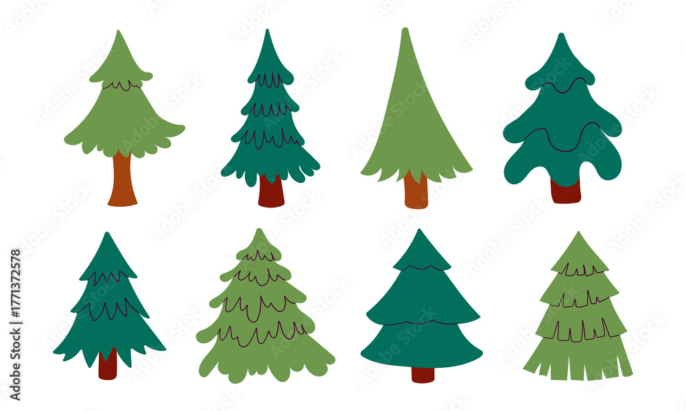 Fototapeta premium Simple Christmas tree set in cute flat cartoon style. Hand drawn New Year isolated fir trees isolate on white .
