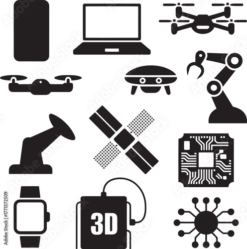 Collection of modern technology icons including drones and robots innovation digital