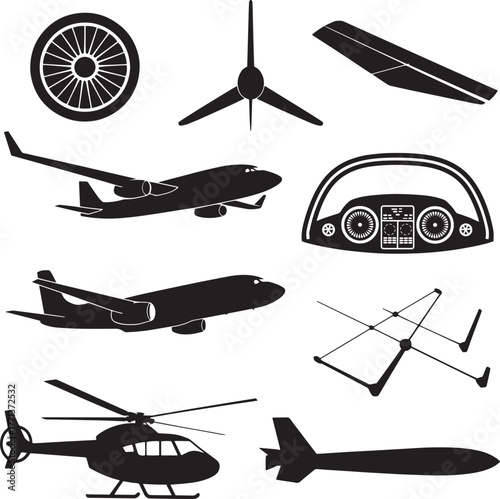 Collection of black silhouettes of aircraft and related components helicopter airplane