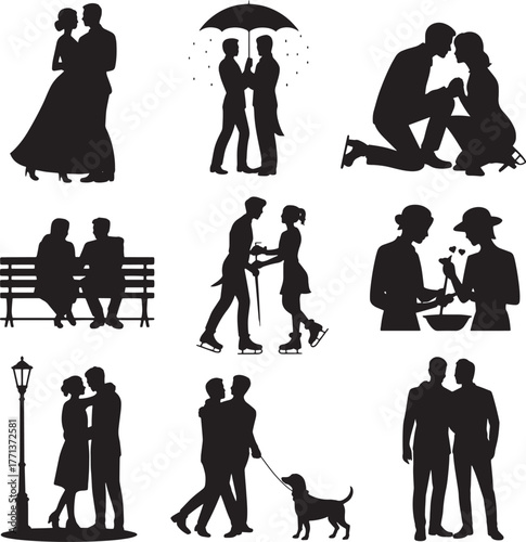 Couples embracing dancing skating and walking with dog silhouette black