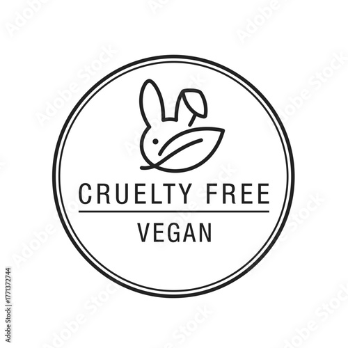 Cruelty Free vegan label with rabbit and leaf symbol in black and white  