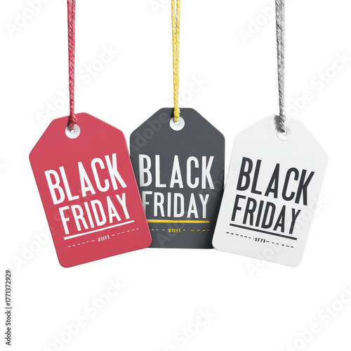 Bright sale tags promoting Black Friday are displayed on strings, showcasing various colors and bold text