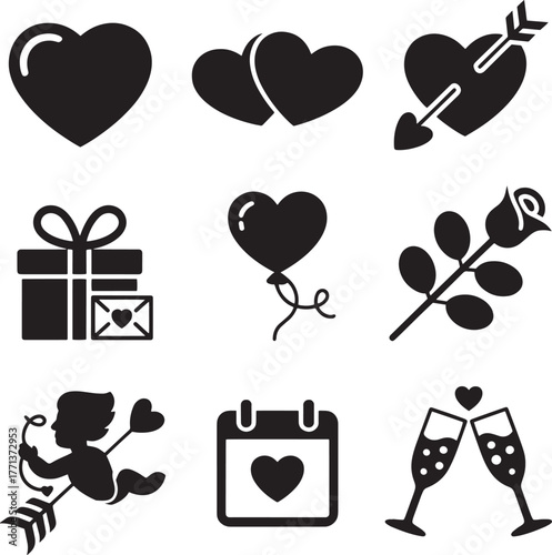 Romantic icons hearts gift rose cupid calendar champagne celebration love