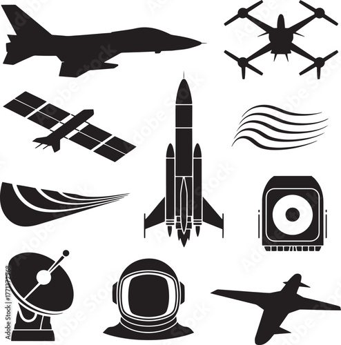 Silhouette collection of aerospace vehicles and equipment airplane drone