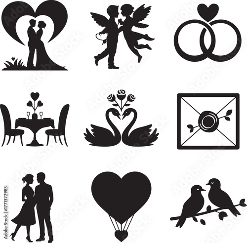 Silhouette collection of romantic symbols and couples heart wedding