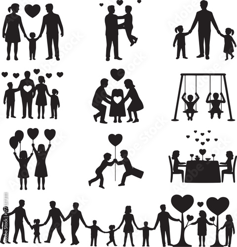 Silhouettes of families and children with hearts and balloons family love