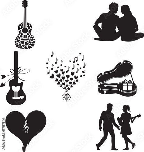 Silhouettes of musical instruments and romantic couples guitar hearts