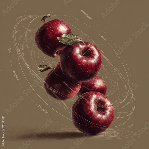 Apples falling abstract illustration, Newton Day celebration concept, modern science and creativity theme