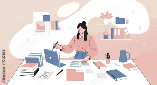 Woman Working At Her Desk, Researching, Studying With Documents And Laptop