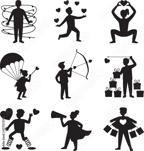 Silhouettes of people with hearts and gifts cupid