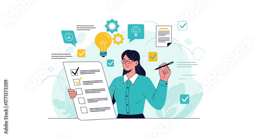 Businesswoman Reviewing Documents with Ideas and Gears Around For Strategic Planning Process