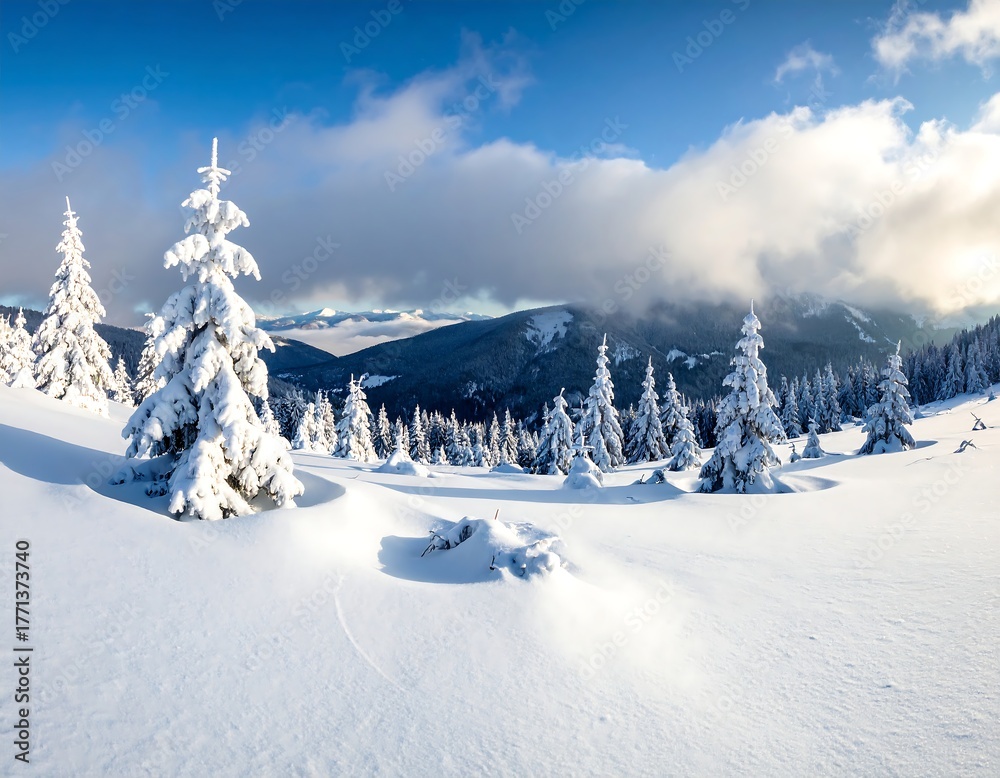 Fototapeta premium Snowy landscape with evergreen trees, mountains, and a clear blue sky