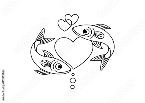 Two fish form a heart shape with two hearts above, symbolizing love.