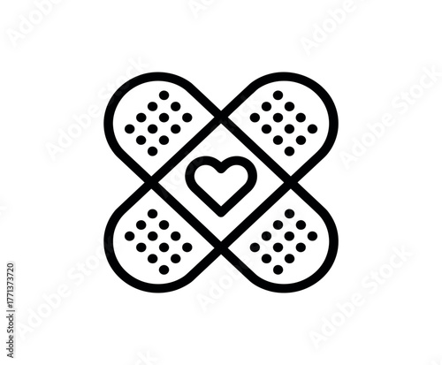 A heart symbol is placed in the center of four intertwined adhesive bandages.