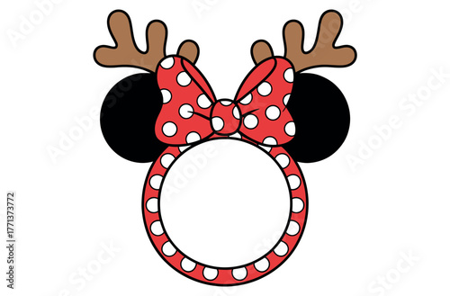 A red and white polka dot bow with antlers and mouse ears frames a circular empty space.