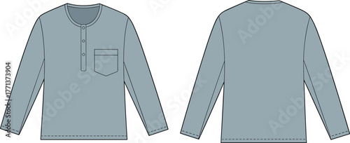 Men long sleeve henley shirt template with pocket, technical flat sketch front and back, fashion apparel vector mockup design