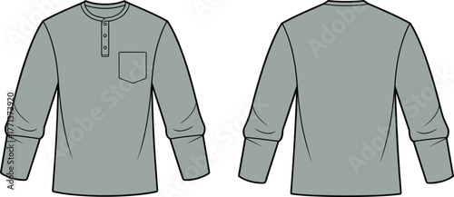 Men long sleeve henley t shirt vector template with chest pocket, fashion flat sketch, casual apparel design front back
