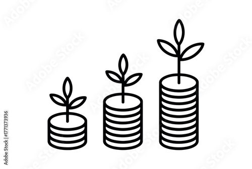 Three stacks of coins show increasing growth with small plants sprouting from them.