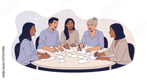 Collaborative Team Brainstorming Session Depicted Through Modern Colorful Illustration