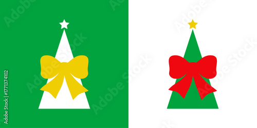 Logo con árbol de navidad con forma de triángulo con lazo de regalo y estrella para tarjetas y felicitaciones de Navidad