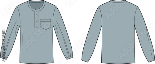 Men long sleeve henley t-shirt template with chest pocket, casual fashion flat sketch front back, apparel vector design