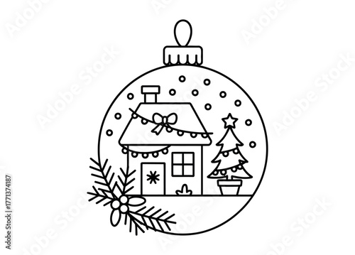 A Christmas ornament depicts a house, tree, and festive decorations inside.