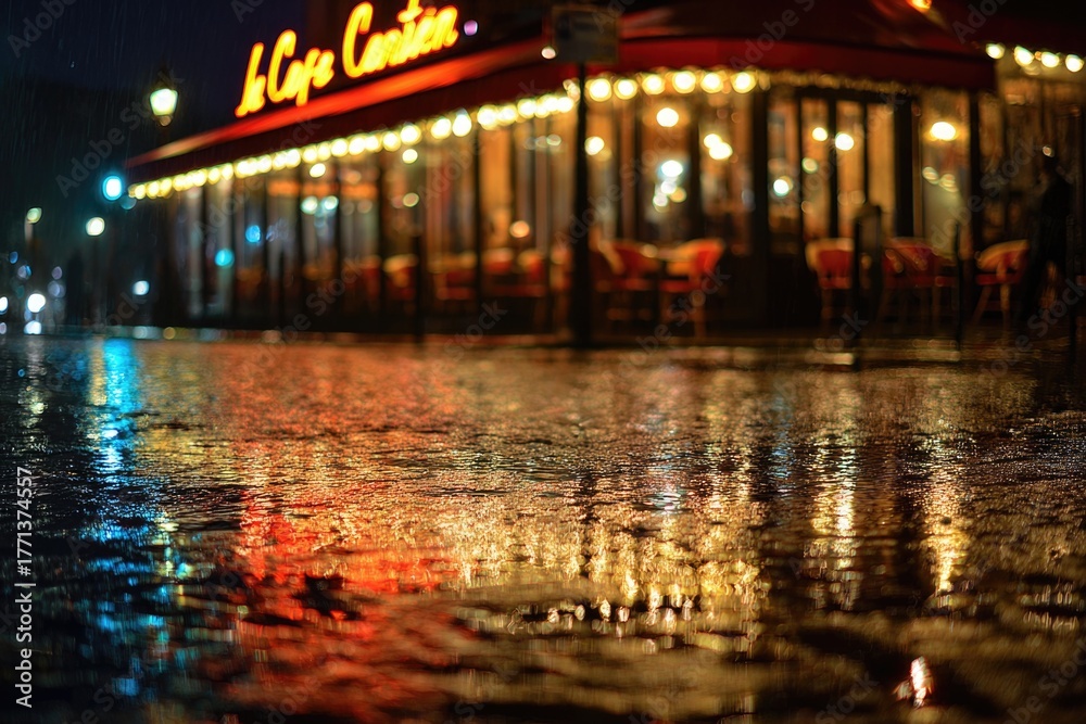Fototapeta premium photo of modern café glowing warmly during rain at night, reflections on wet street, cinematic Seoul mood
