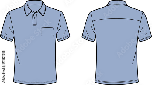 Men polo shirt fashion flat vector, short sleeve collared top with pocket, apparel technical drawing front back template for design