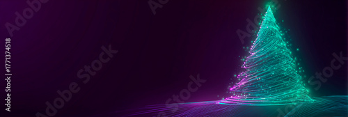 A glowing teal and purple wireframe Christmas tree made of swirling particles and lights creates a festive, futuristic holiday atmosphere.