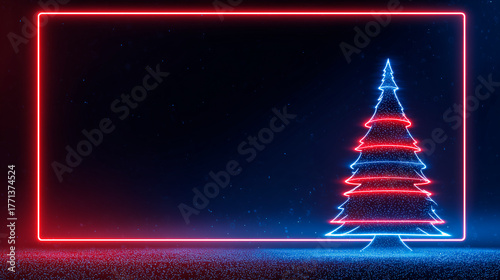 A glowing neon red rectangular frame surrounds a festive, futuristic Christmas tree made of blue and red lights against a dark, sparkling background.