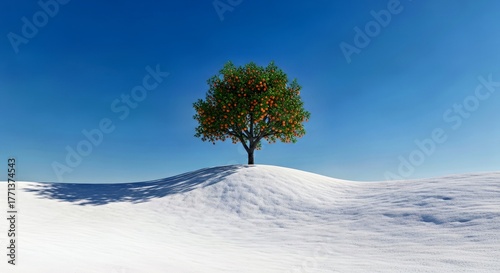 Solitary Orange Tree on Snowy Hilltop Under Clear Blue Sky