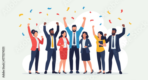 People Raising Hands Celebrating Success Amidst Colorful Confetti Celebration Together