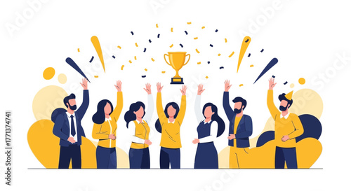 Team Celebrates Success and Achievement with Trophy and Festive Confetti Particles
