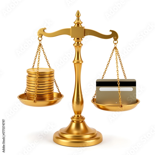 Golden coins and credit card balanced on scales, financial decision