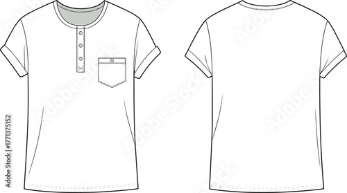 Men rolled sleeve henley t shirt vector template with button pocket, fashion flat sketch, front and back view apparel design