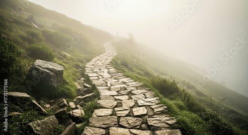 Stone Steps Mountain Trail Disappearing into Heavy Fog and Mist