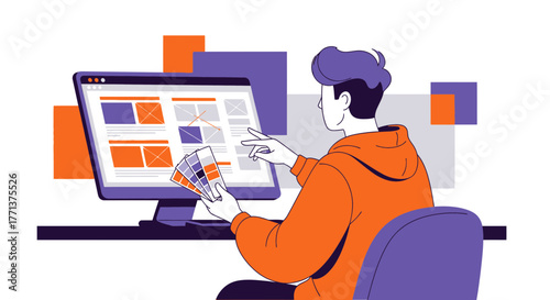 Graphic Designer Working On Website Interface With Color Palette Examples For Inspiration